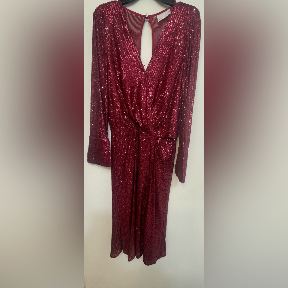 Burgundy sequin dress with a slit, sequins dress